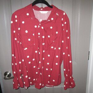 LC Lauren Conrad Button Front LS Shirt, Brown/White Dots w/Pockets, Size L